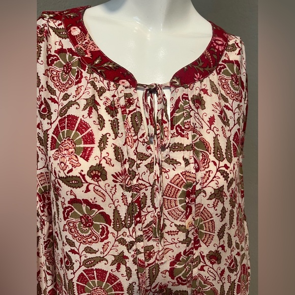 Lucky Brand Women’s Red & Cream Floral Paisley Tie- Neck L S Top  Blouse Size L - Picture 2 of 14